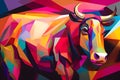 A beautiful bull, modern artwork, abstract colorful painting with geometric shapes. Hand drawn digital painting. Generative AI