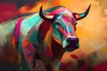 A beautiful bull, modern artwork, abstract colorful painting with geometric shapes. Hand drawn digital painting. Generative AI