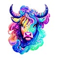 Beautiful bull portrait in watercolor style. Generative AI