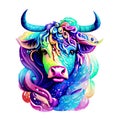 Beautiful bull portrait in watercolor style. Generative AI