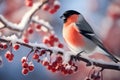 beautiful bullfinch on rowan branch on a frosty sunny day