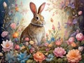Beautiful Bunny with colorful decorative flowers in the forest Royalty Free Stock Photo