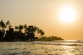 Beautiful Bureh Beach during sunset with silhouettes of palms and surfers, Sierra Leone, Africa