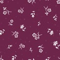 Beautiful burgundy seamless floral pattern, white flowers on dark background, ditsy style, folk flowers, great for spring or