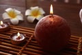 Beautiful burning candles on bamboo mat