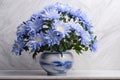 Beautiful bush of blue chrysanthemums in flower pot. Autumn flowers