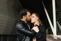 Beautiful business couple in love enjoy each other, kiss. Valentine`s day Royalty Free Stock Photo