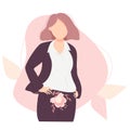 Beautiful business girl in a suit with a flower in her hand. Vector illustration. Womens health and menstruation concept