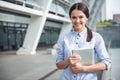 Beautiful business lady with gadget Royalty Free Stock Photo