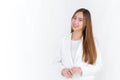 Beautiful business professional Asian woman with long hair wears white suit and shirt which she smiles and stands look at the Royalty Free Stock Photo