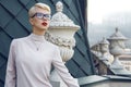 Beautiful business woman blond glasses makeup architecture Royalty Free Stock Photo