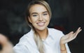 Beautiful business woman. Blonde in white shirt. Purposeful woman posing with crossed arms. Isolated female portrait.