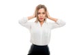 Beautiful business woman covering ears like not hearing Royalty Free Stock Photo