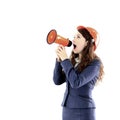 Beautiful business woman the engineer shouts in the shoutbox Royalty Free Stock Photo