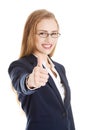 Beautiful business woman with her thumb up, showing oK. Royalty Free Stock Photo