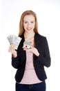 Beautiful business woman holding dollar currency and house. Royalty Free Stock Photo