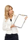 Beautiful business woman shows a tablet Royalty Free Stock Photo