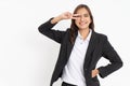 beautiful business woman wearing black suit smiling with peace making gesture with two fingers in front of her eyes Royalty Free Stock Photo