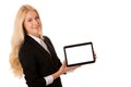 beautiful business woman working on tablet computer isolated over white Royalty Free Stock Photo