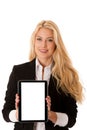 beautiful business woman working on tablet computer isolated over white Royalty Free Stock Photo