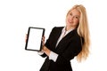 beautiful business woman working on tablet computer isolated over white Royalty Free Stock Photo