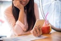 Beautiful business working woman using Iphone , cellphone afterwork at the coffee shop