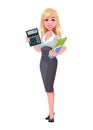 Beautiful businesswoman cartoon characterBusiness woman holding documents and calculator. Royalty Free Stock Photo