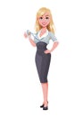 Beautiful businesswoman cartoon characterBusiness woman showing badge. Beautiful businesswoman cartoon character.