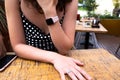 Beautiful businesswoman on her lunch outside at the coffee shop Royalty Free Stock Photo