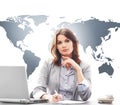 Beautiful businesswoman in office on a world map Royalty Free Stock Photo