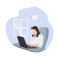 Beautiful businesswoman using laptop while sitting at her desk. Office workplace interior. Flat vector illustration Royalty Free Stock Photo