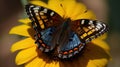 A colorful and vibrant butterfly resting on a yellow sunflower created with Generative AI