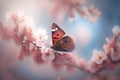 Beautiful butterfly on a blooming sakura tree branches close-up. Spring nature. Pink flowers. Generative AI Royalty Free Stock Photo