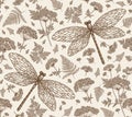 Beautiful Butterfly Dragonfly insect Flowers Animal Illustrations Drawing engraving Seamless Background pattern Vintage vector