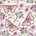 Beautiful Butterfly Dragonfly insect Flowers Animal Illustrations Drawing engraving Seamless Background pattern Vintage vector