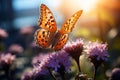 Beautiful Butterfly Insect Flying Flapping Wings in the Spring Flowering Garden on Bright Day