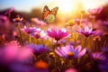 beautiful butterfly and pink cosmos flowers in the field, photo by Generative AI Royalty Free Stock Photo