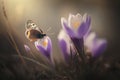 Beautiful butterfly is sitting on a crocus. Spring nature. Delicate purple flowers macro. Serene, peaceful atmosphere Royalty Free Stock Photo