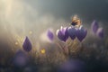 Beautiful butterfly is sitting on a crocus. Spring nature. Delicate purple flowers macro. Serene, peaceful atmosphere Royalty Free Stock Photo