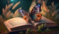 Beautiful butterfly sitting on old abandoned book pages lying on meadow grass, forest nature background. Magic knowlege Royalty Free Stock Photo