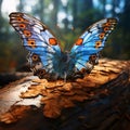 Beautiful butterfly sitting on a tree stump in the forest. Nature background Royalty Free Stock Photo