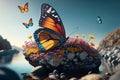 Beautiful butterfly surrounded by flowers side on rock and river background. Generative Ai Royalty Free Stock Photo