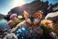 Beautiful butterfly surrounded by flowers side on rock and river background. Generative Ai Royalty Free Stock Photo