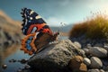 Beautiful butterfly surrounded by flowers side on rock and river background. Generative Ai Royalty Free Stock Photo