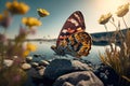 Beautiful butterfly surrounded by flowers side on rock and river background. Generative Ai Royalty Free Stock Photo