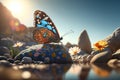 Beautiful butterfly surrounded by flowers side on rock and river background. Generative Ai Royalty Free Stock Photo