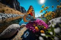 Beautiful butterfly surrounded by flowers side on rock and river background. Generative Ai Royalty Free Stock Photo