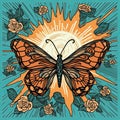 A beautiful butterfly tattoo with sun rays and lovely flowers in light bronze and cyan color. Generative AI Royalty Free Stock Photo