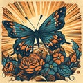 A beautiful butterfly tattoo with sun rays and lovely flowers in light bronze and cyan color. Generative AI Royalty Free Stock Photo