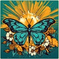 A beautiful butterfly tattoo with sun rays and lovely flowers in light bronze and cyan color. Generative AI Royalty Free Stock Photo